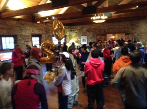 Pre-race.  The warm lodge.  It was 25 degrees and quite windy outside.  Was hard to leave the lodge and start the race