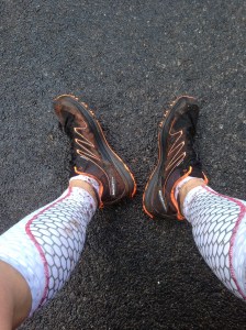 It wasn't supposed to rain during the race, but it poured heavily.  Muddy shoes AFTER walking through puddles to clean them a bit.